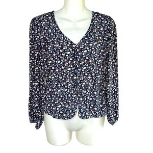 BOGO💥 Madewell Like New Silk Navy Floral V Neck Button Down Blouse Sz XS